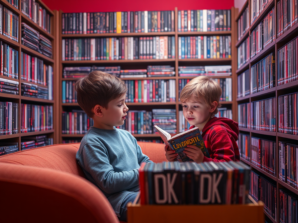 Два ребенка сидят на диване в библиотеке и читают книгу между стеллажами с записями.